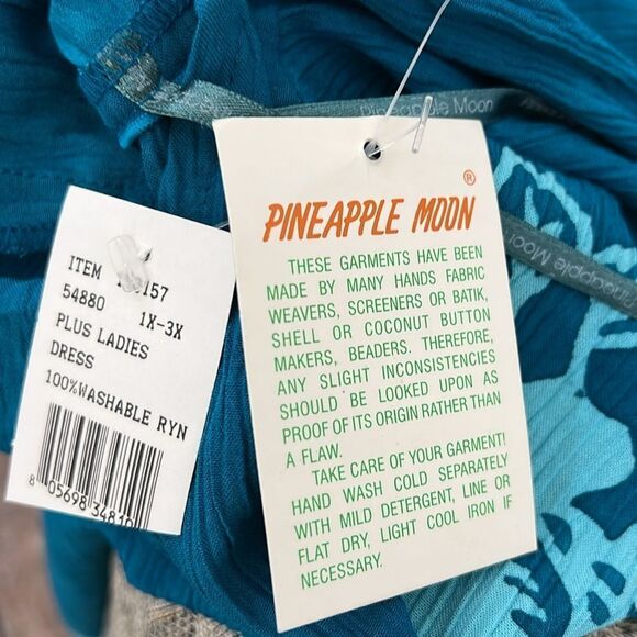 Pineapple Moon Floral Teal Midi Dress Sz 1X Scoop Neck Short Sleeve 💯% Rayon New - Picture 9 of 13